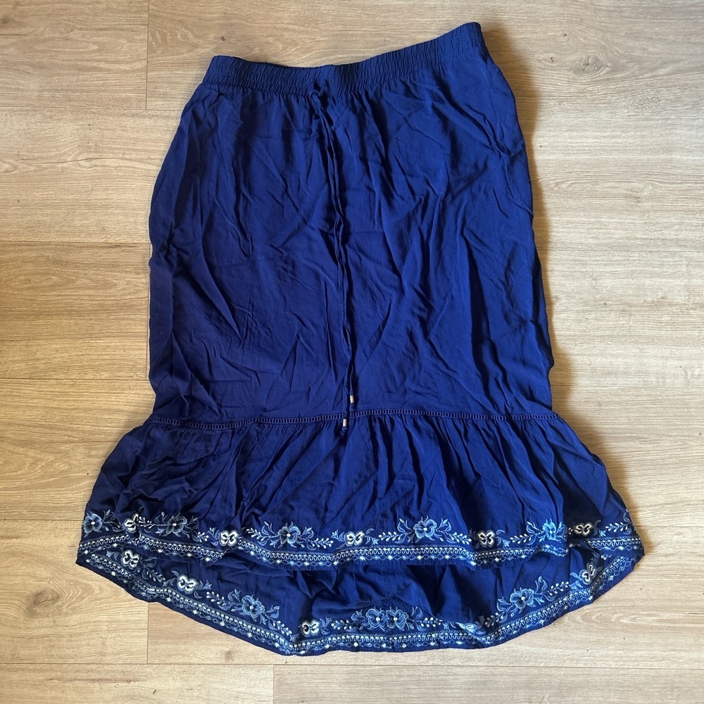 Time and Tru Blue Sapphire Embroidered Ruffle Midi Skirt